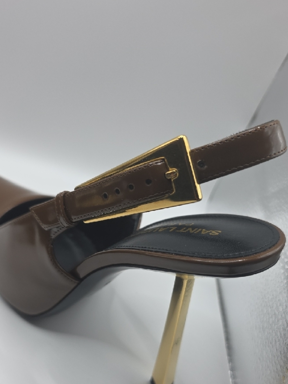 Saint Laurent Brown Patent Leather Slingback Heels with Gold Accent - Picture 13 of 16